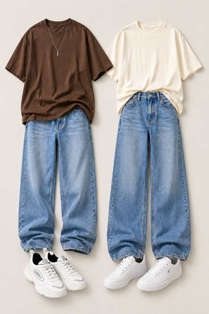 Two minimal casual outfits displayed on a clean background featuring oversized brown and cream t-shirts paired with light blue wide-leg jeans and white sneakers, styled as a coordinated college couple look.