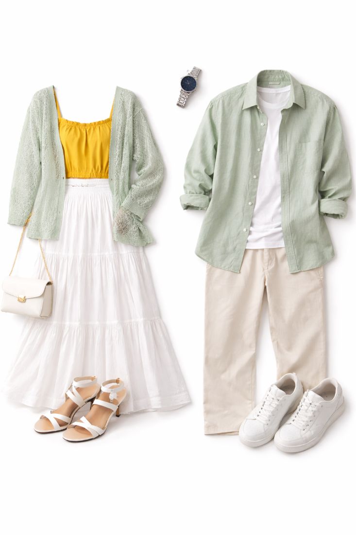 Cute Summer Couple Matching Look: Mango Yellow Sundress and Sage Green Casual Shirt