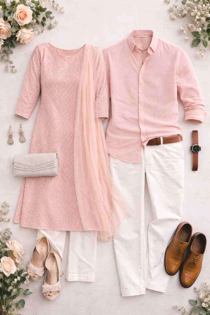 Flat lay of a coordinated couple outfit in soft pink tones featuring a women’s kurti set with dupatta and a men’s linen shirt with white trousers, styled with shoes, accessories, and a clean aesthetic background.