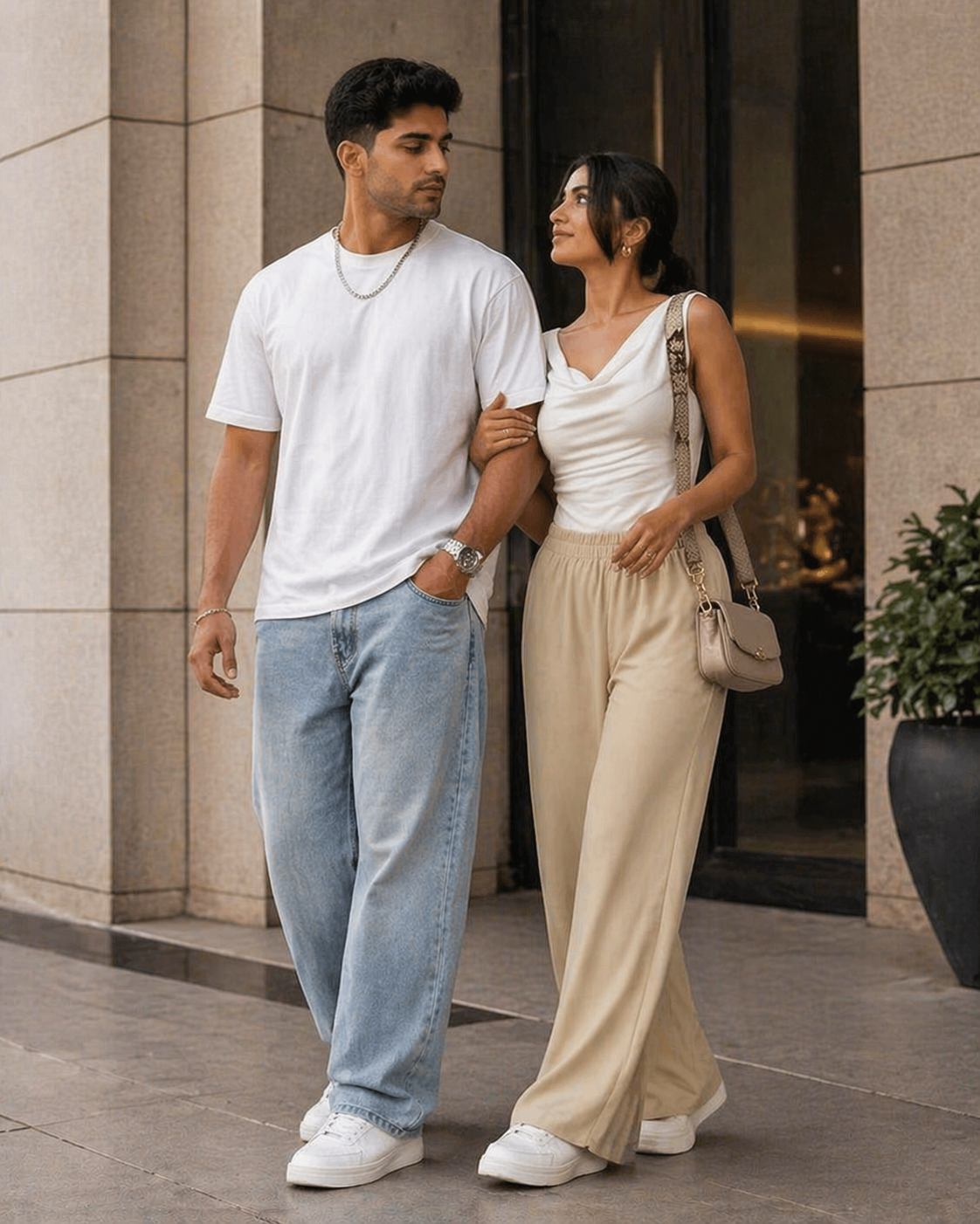 Detail of women's draped white top and beige wide-leg pants