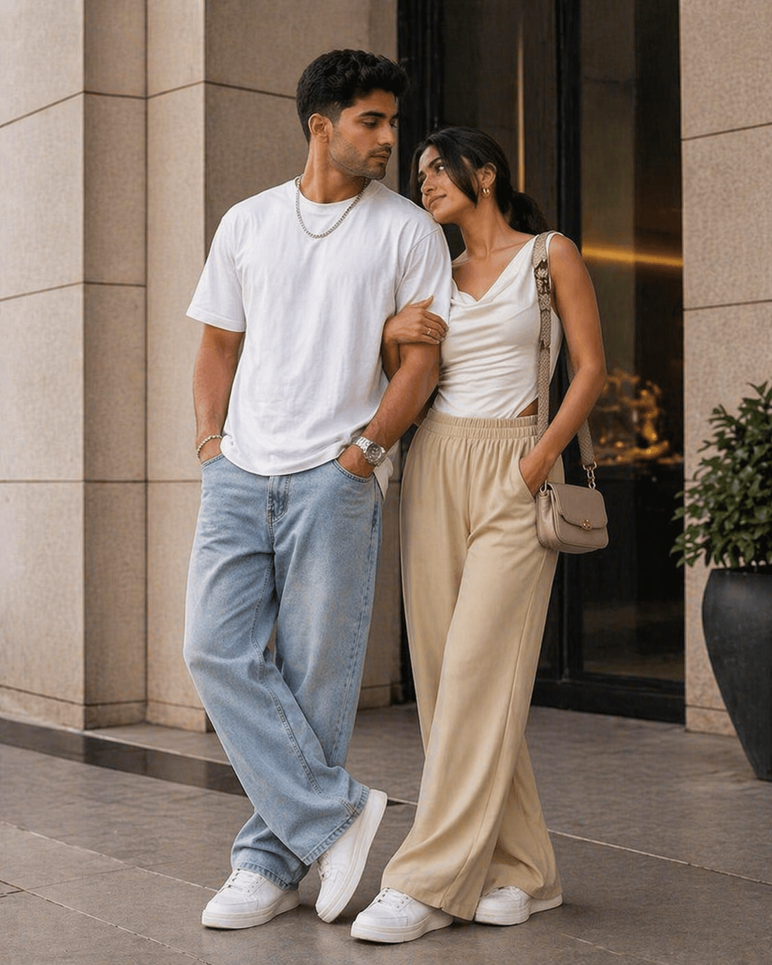 Matching couple outfit flat lay on beige background