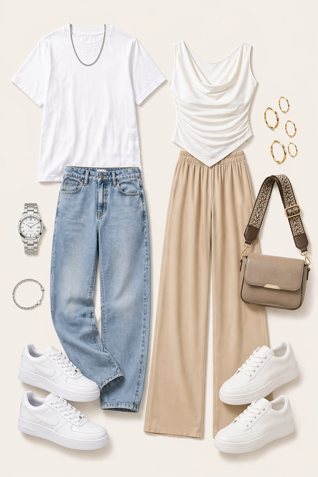 Flat lay of a coordinated couple outfit on a beige background featuring a men’s white t-shirt with blue jeans and sneakers, and a women’s white top with beige wide-leg pants, white sneakers, gold earrings, and a neutral handbag arranged neatly for a clean aesthetic look.