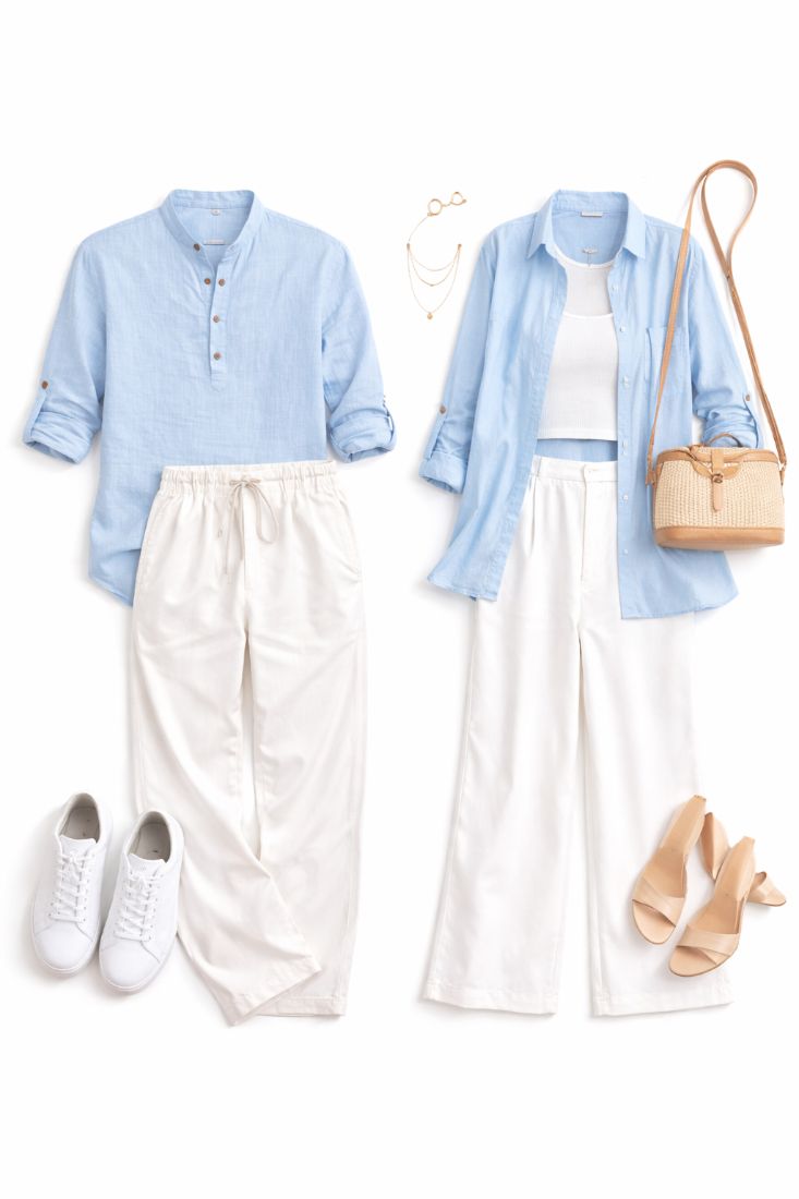 Minimal Summer Couple Aesthetic: Sky Blue Linen Shirt and Crisp White Cotton Trousers