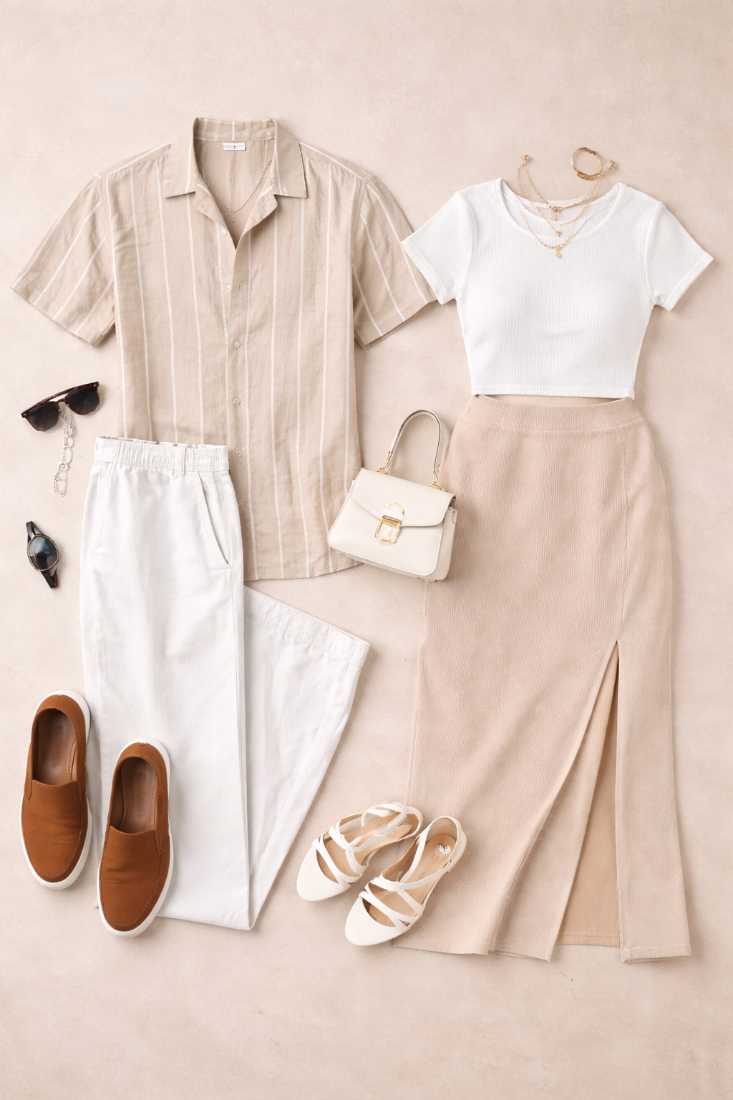 Minimal Summer Couple Outfit: Beige Striped Linen Shirt with White Trousers and White Crop Top with Beige Midi Skirt