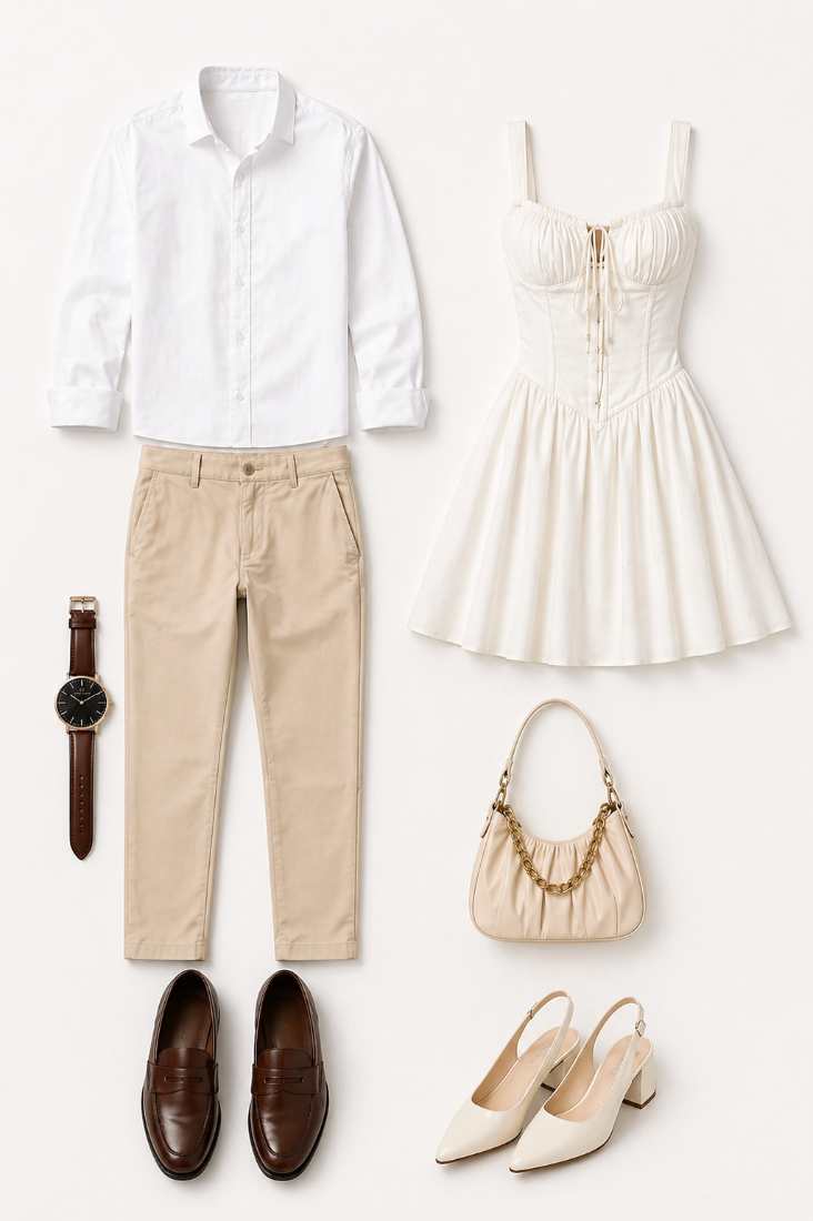 Minimal couple outfit flat lay featuring a white corset dress with handbag and heels paired with a men’s white shirt, beige trousers, loafers, and watch on a clean background