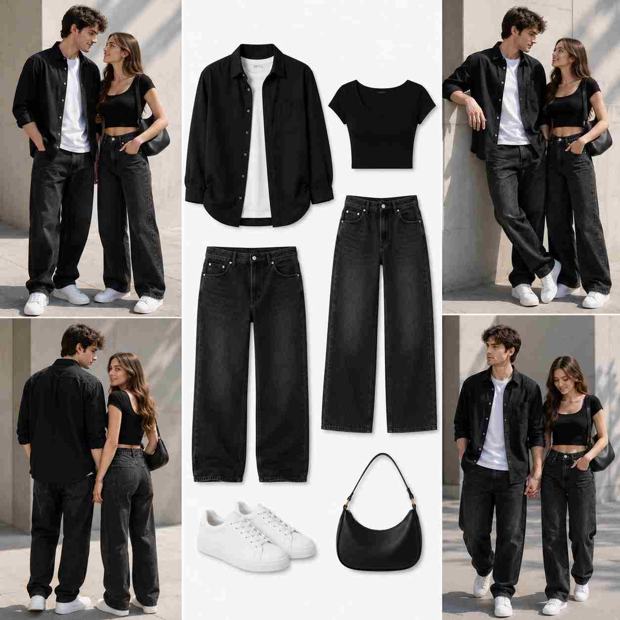Indian couple wearing coordinated black-and-white concert outfits outdoors, with the man in a black overshirt, white T-shirt, relaxed black jeans and white sneakers, and the woman in a black crop top, wide-leg black jeans, white sneakers and a black shoulder bag.