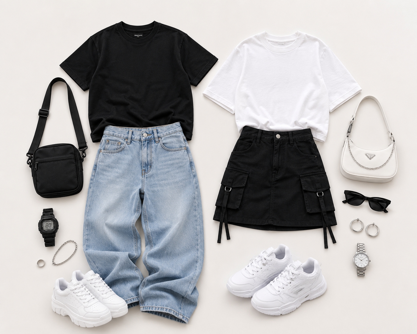 A stylish couple wearing coordinated clean streetwear outfits featuring a black oversized t-shirt, light blue baggy jeans, white oversized t-shirt, black cargo mini skirt, and chunky white sneakers in a modern urban setting.