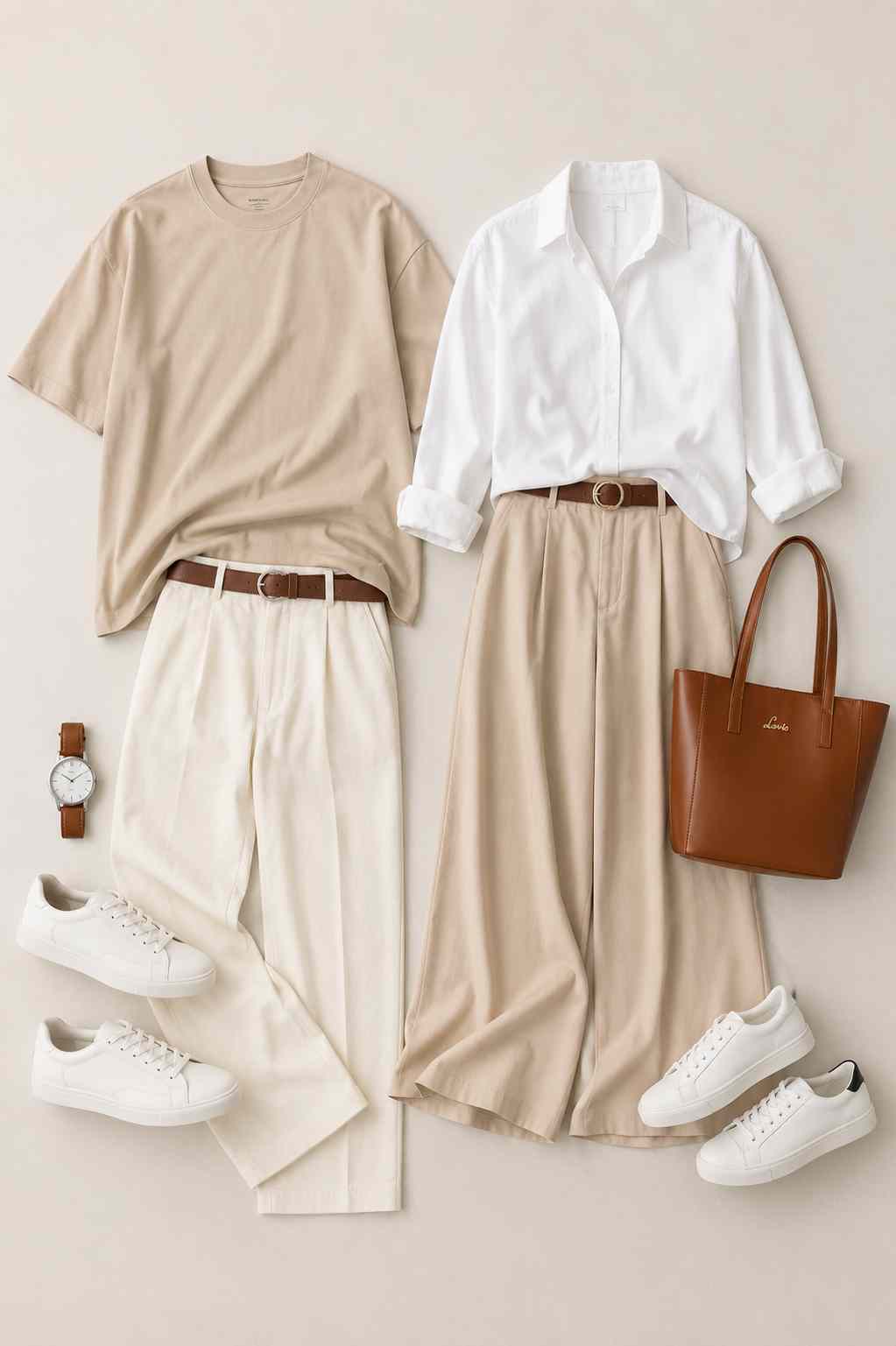 Scandinavian minimal couple outfit flat lay featuring beige oversized t-shirt, white shirt, cream wide-leg trousers, white sneakers, brown leather tote bag, and brown leather watch.