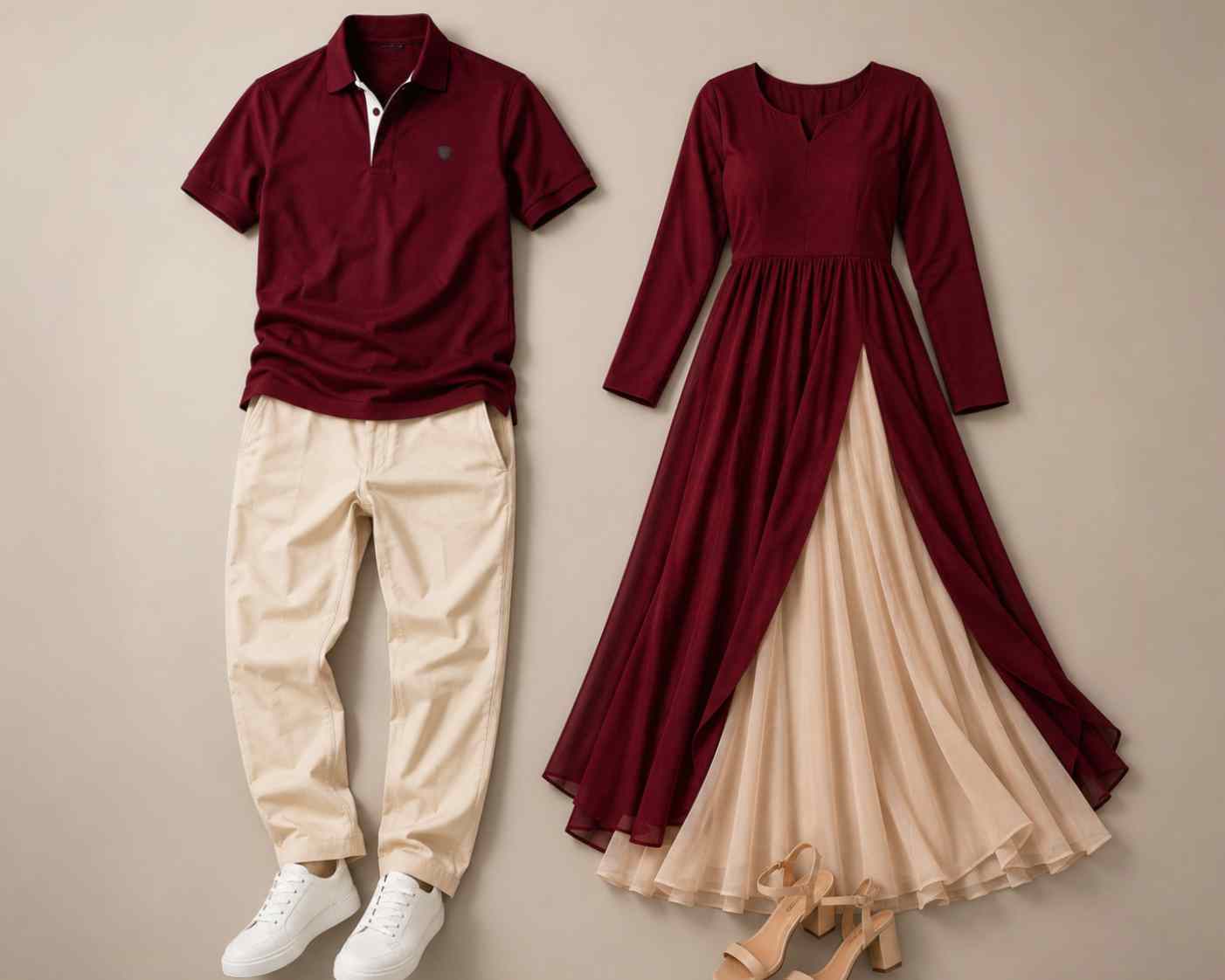 Maroon & Beige matching couple dressy look