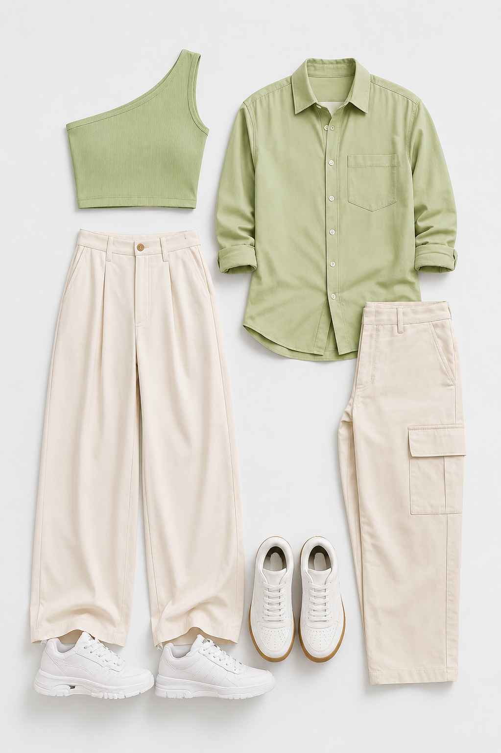 Sage green and cream matching neutral couple outfit flat lay arranged neatly on a clean gray background.