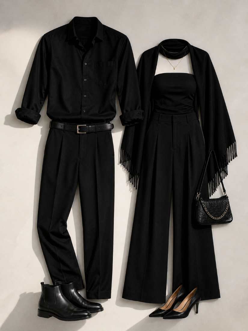 Flat lay of a stylish couple outfit in black featuring a men's button-up shirt with trousers and boots alongside a women's strapless top with wide-leg pants, heels, handbag, and accessories on a clean neutral background