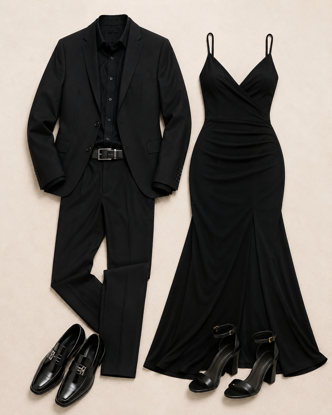 Flat lay of a coordinated black couple outfit on a plain background, featuring a men’s black blazer, shirt, trousers, belt, loafers, and a women’s black strappy evening gown with black ankle-strap heels.