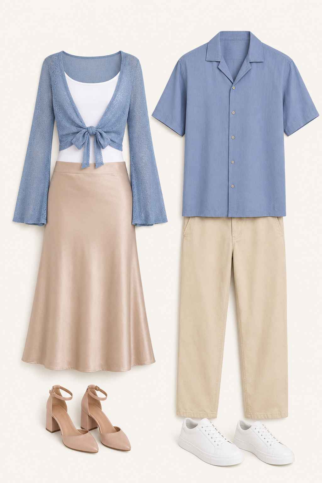 Dusty Blue & Beige Couple Outfit Idea featuring matching dusty blue and beige tones in a soft minimalist style.