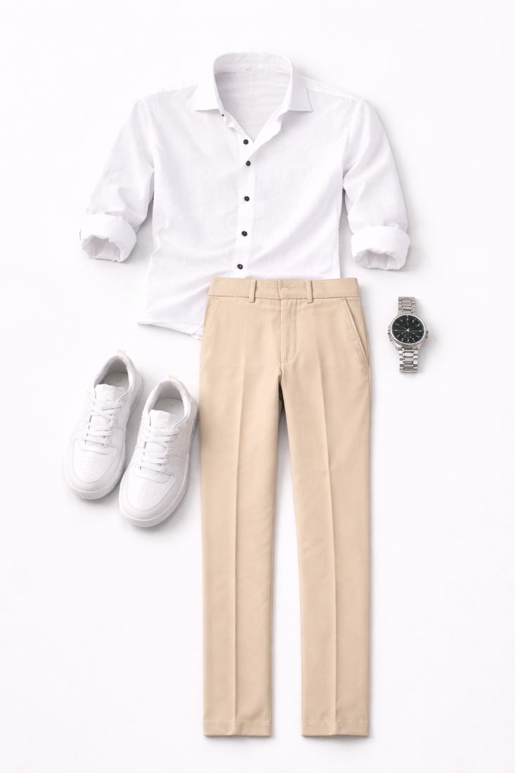 Elegant Men's Minimalist Look: Classic White Shirt and Beige Chino Trousers for refined styling
