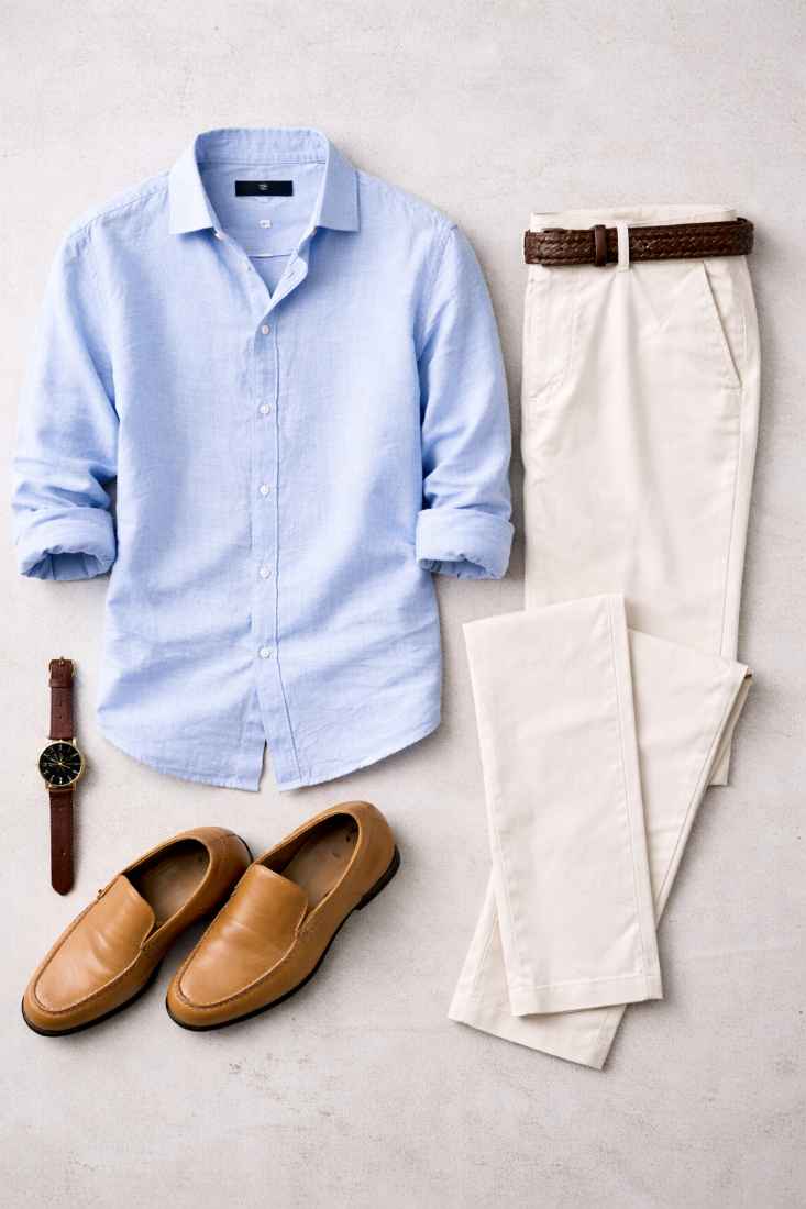 Men’s summer outfit with light blue linen shirt, white tailored trousers, tan loafers, brown belt, and minimalist watch arranged on a clean neutral background.