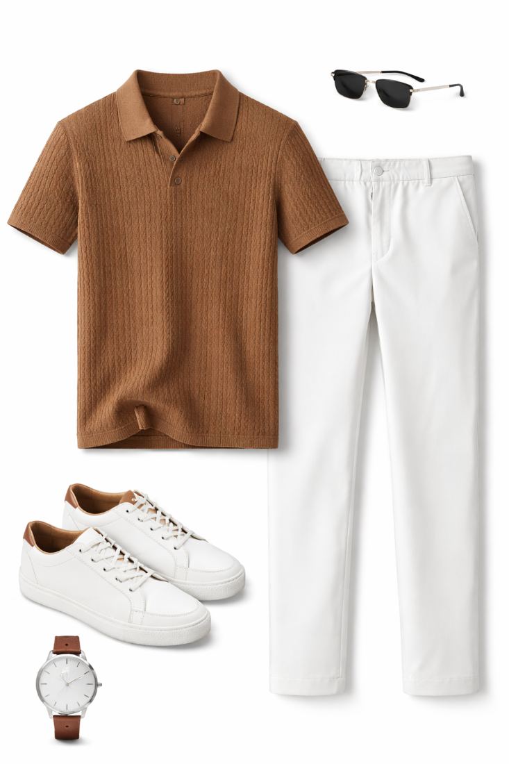 Clean Aesthetic Men's Outfit: Brown Graphic Tee and White Straight Fit Trousers