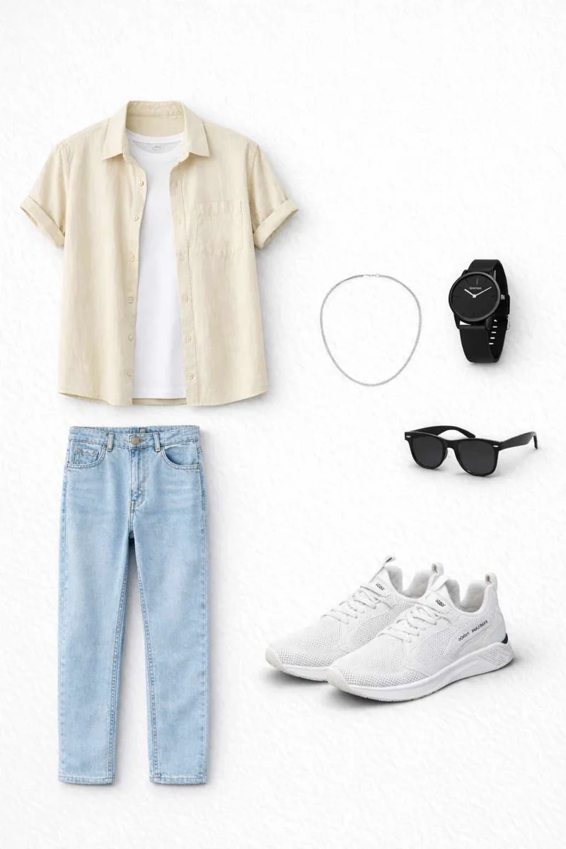 Minimal Casual Men's Weekend Look: Light Beige Shirt with Classic Light Blue Denim Jeans