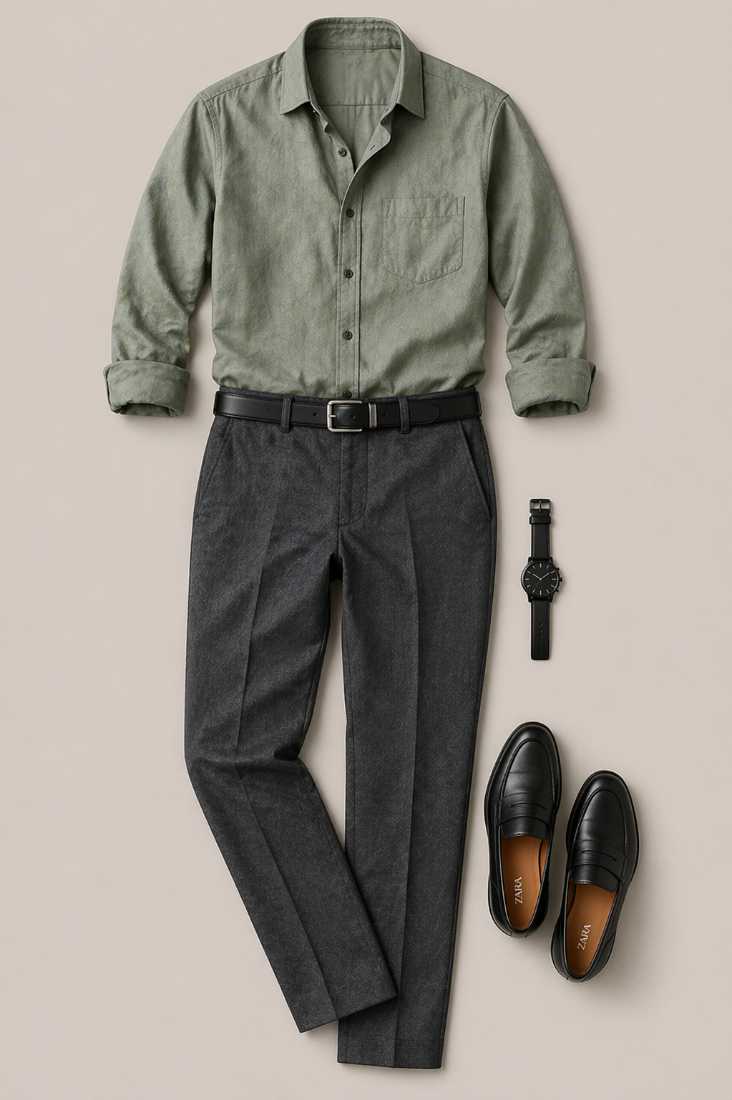 Flat lay of a men’s outfit featuring a sage green button-up shirt, charcoal trousers, black loafers, black belt, and a minimal black wristwatch arranged on a clean neutral background.