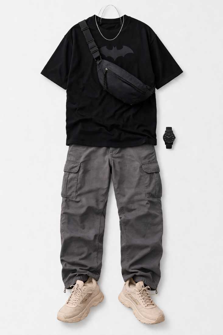 Flat lay of a men’s streetwear outfit with a black oversized t-shirt, grey cargo pants, chunky beige sneakers, a black crossbody bag, and minimal accessories on a clean background.