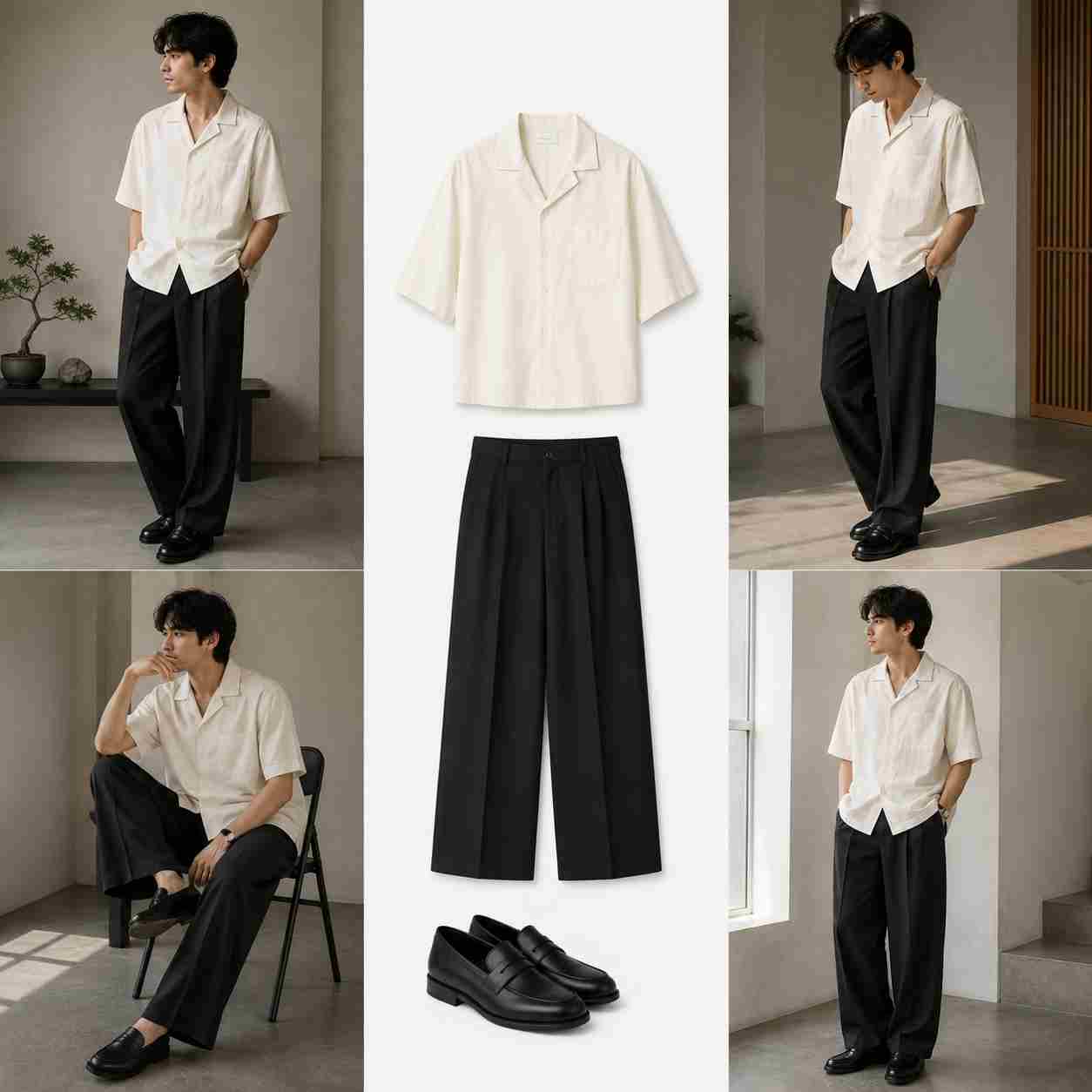 Young Japanese man wearing an oversized ivory short-sleeve camp-collar shirt, wide charcoal trousers and black leather loafers in a minimalist neutral interior.