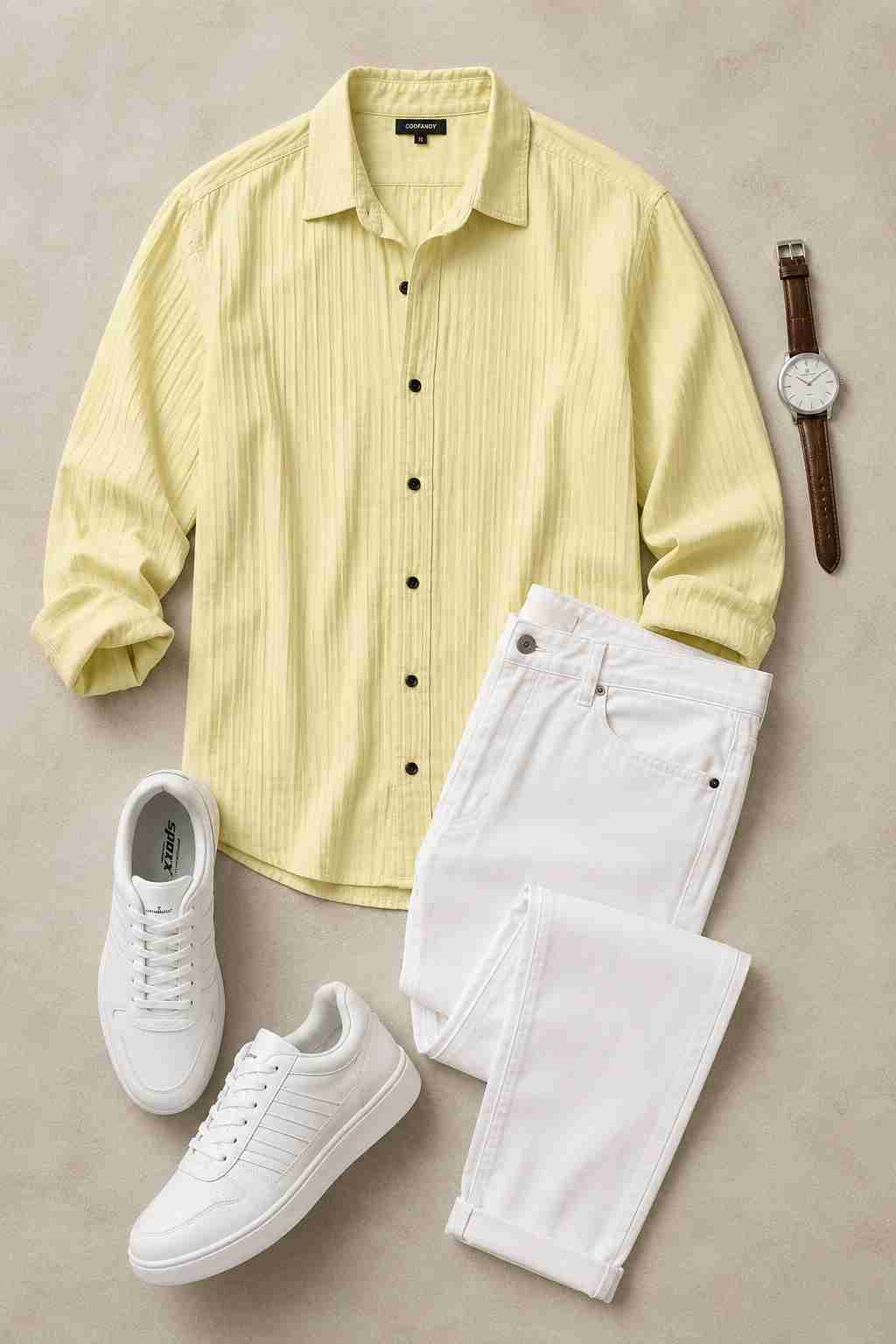 Minimal men's butter yellow summer outfit featuring a textured yellow shirt, white jeans, white sneakers, brown leather watch, and lifestyle photos in a Pinterest-style fashion moodboard.