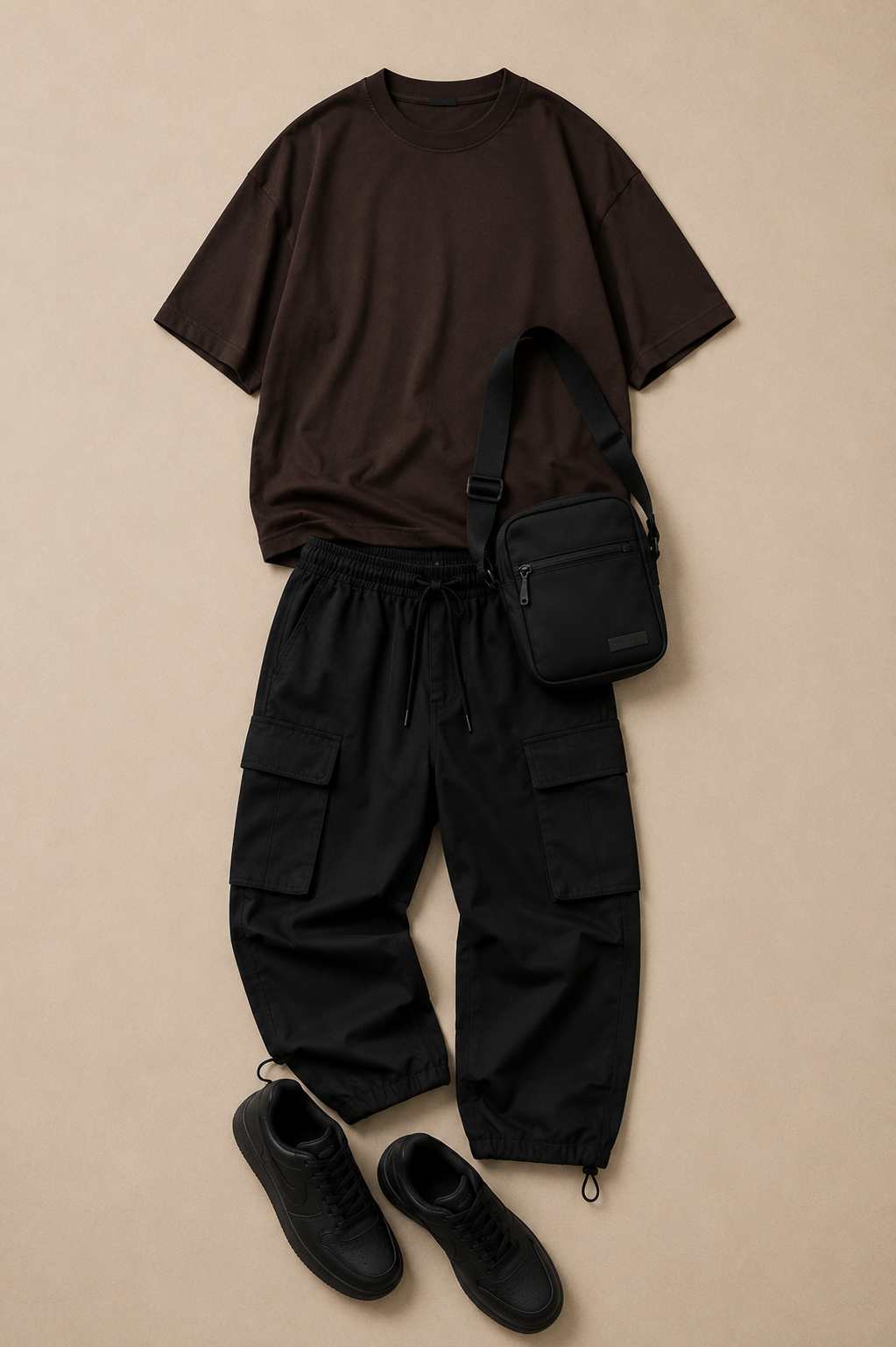 Flat lay of a men's Espresso Street outfit featuring an oversized espresso brown T-shirt, black cargo pants, black sneakers, and a black crossbody bag arranged on a neutral beige background.