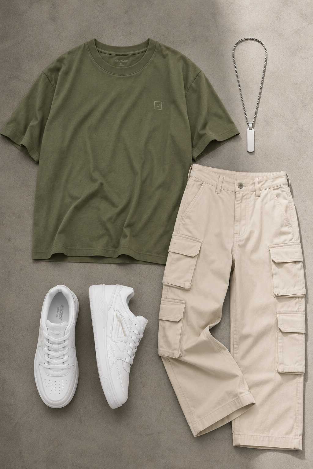 Indian man wearing a matcha green oversized t-shirt, cream cargo pants, white sneakers, and a silver pendant necklace in a modern urban setting with a clean minimalist streetwear aesthetic.