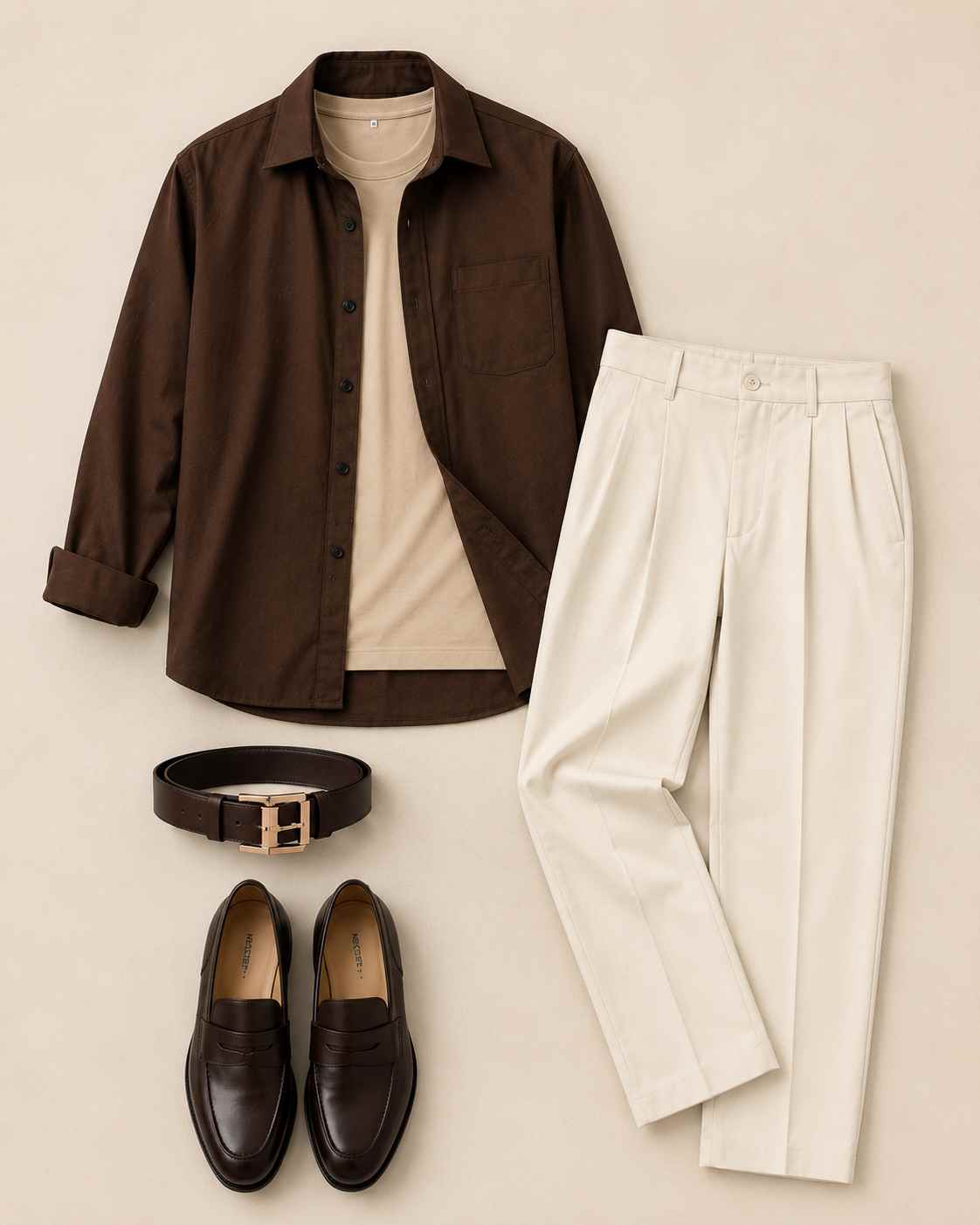 Minimal men's flat lay featuring a chocolate brown overshirt, beige crew neck T-shirt, cream tailored trousers, dark brown leather loafers, and matching leather belt on a neutral beige background.