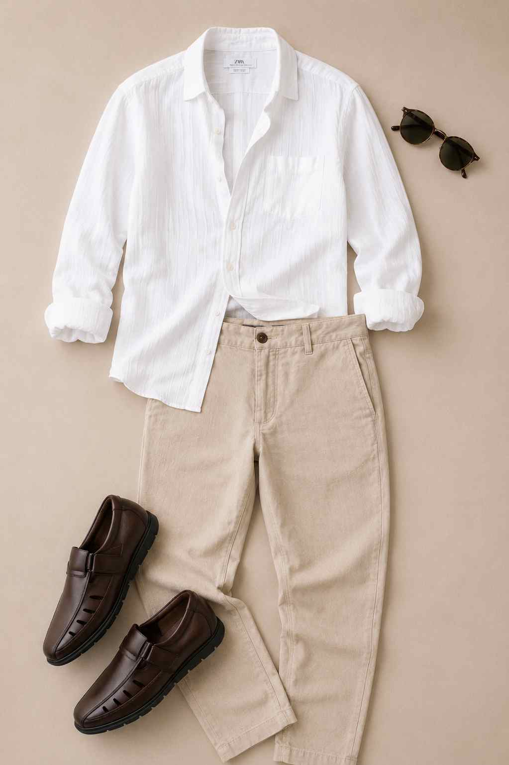 Flat lay featuring a white linen button-down shirt, sand beige trousers, brown leather loafers, and round sunglasses arranged on a neutral beige background in Scandinavian minimalist style.