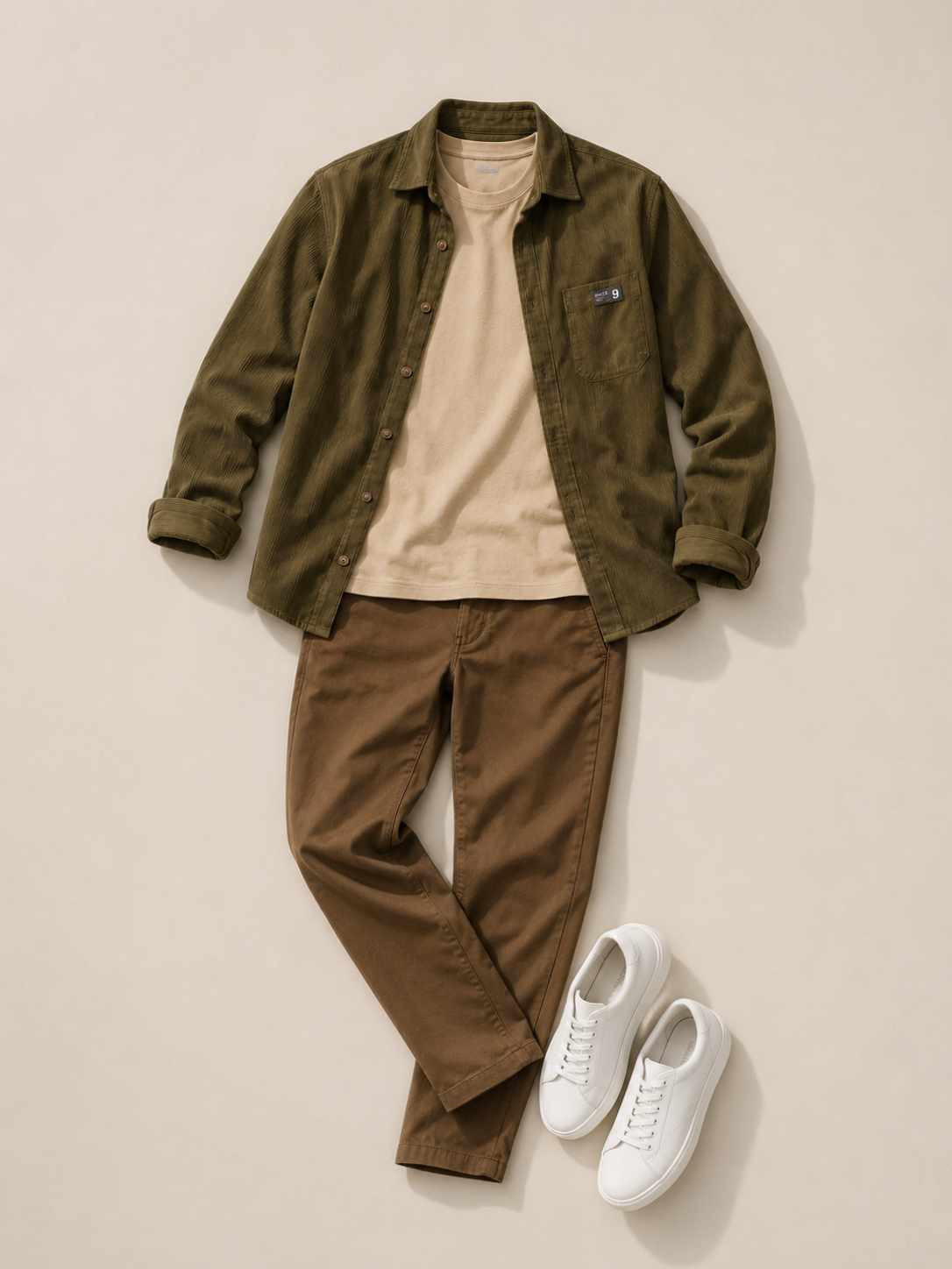 Men's outfit featuring an olive green textured overshirt layered over a beige t-shirt, styled with brown chinos, white sneakers, and a brown leather watch on a plain background.