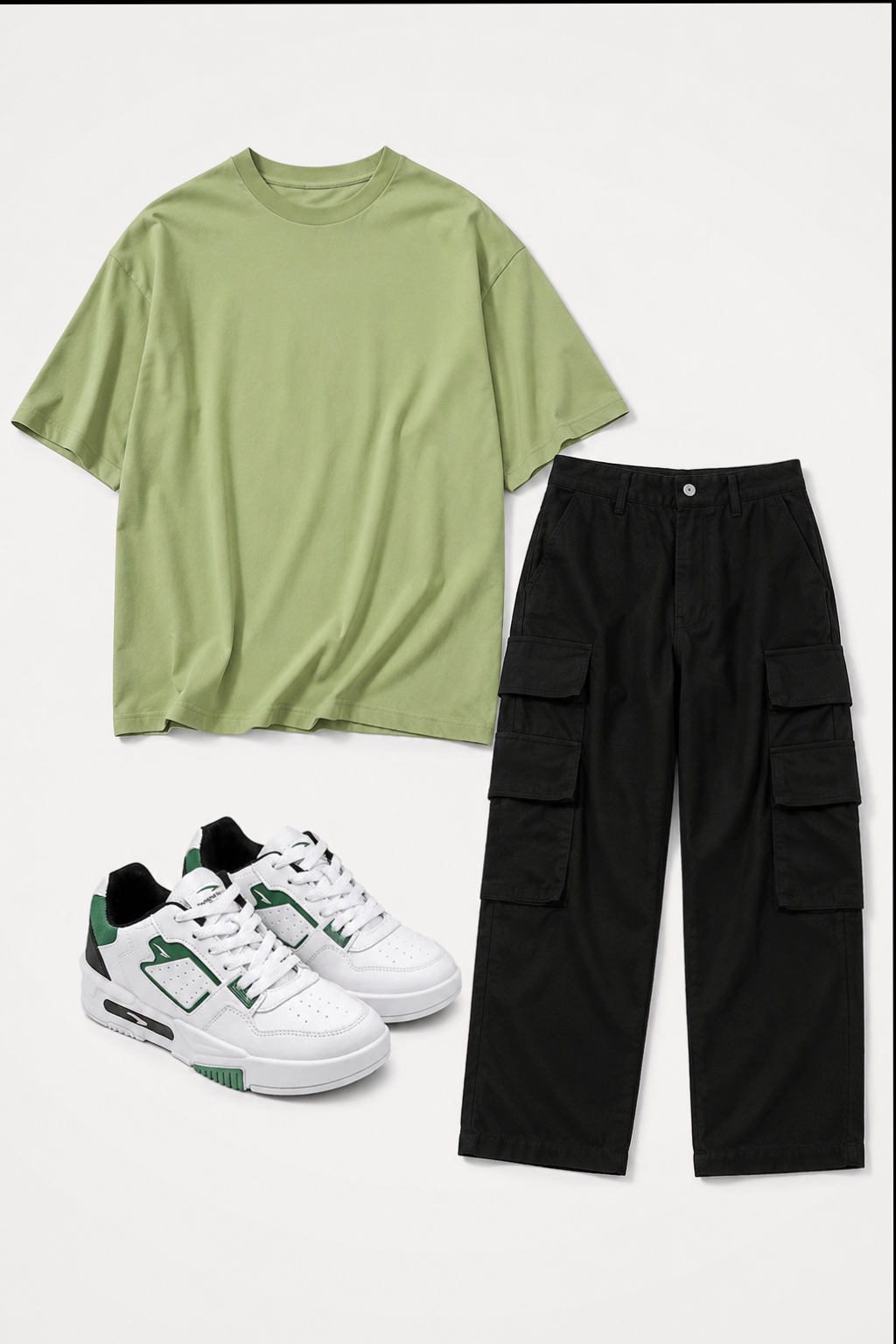 Men’s casual streetwear outfit featuring a sage green oversized t-shirt, black cargo pants, and white sneakers arranged on a clean white background in a minimalist Pinterest-style flat lay.