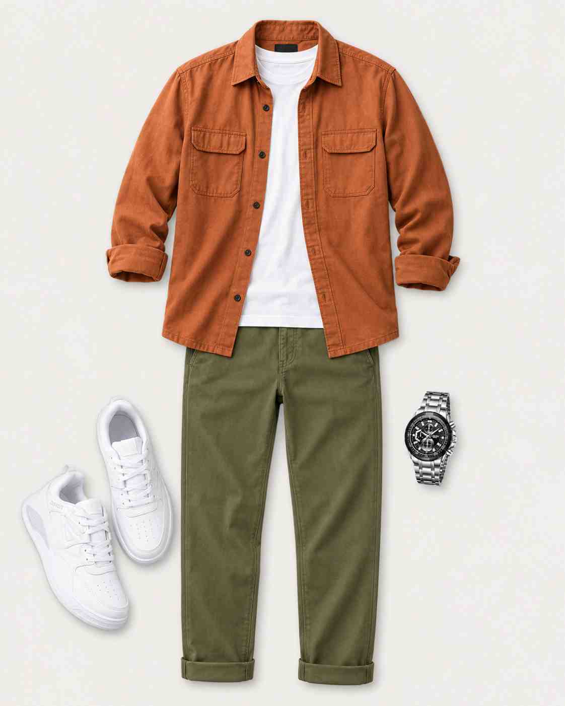 Rust Orange & Olive Green Men’s Outfit Idea featuring a rust orange overshirt, olive green relaxed pants, and white sneakers on a clean light background.