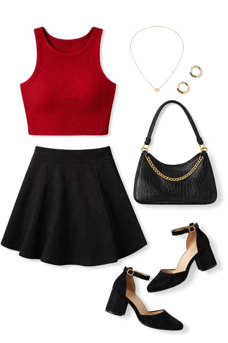 Flat lay of a summer outfit featuring a red ribbed crop top, black skater skirt, black heels, a black shoulder bag with gold chain, and minimal gold jewelry on a clean neutral background.