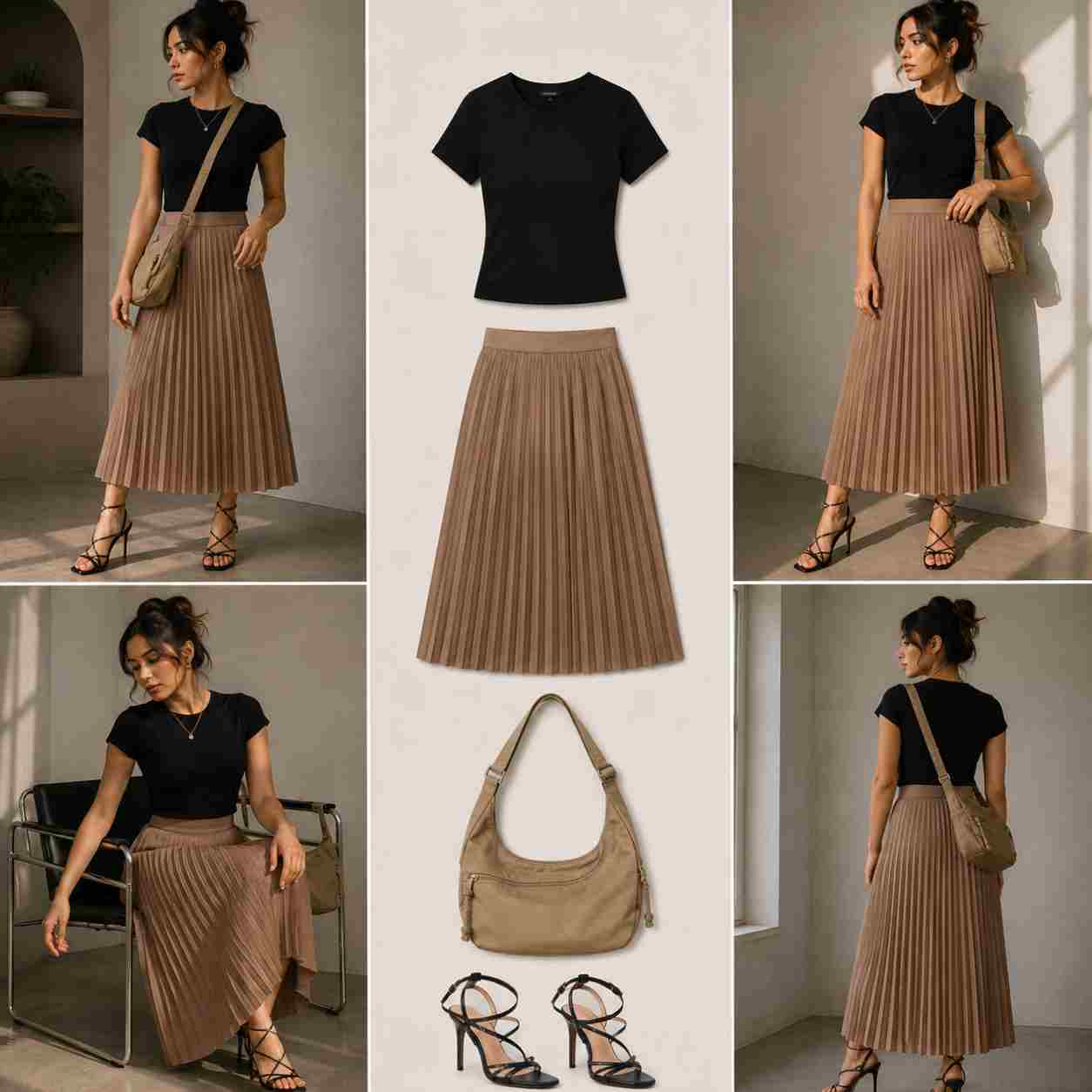 Black Tee & Taupe Skirt Outfit