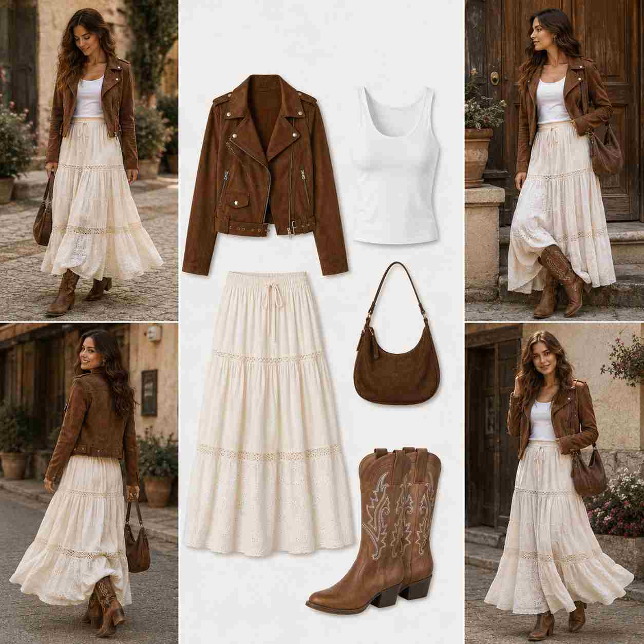 Woman wearing a brown suede moto jacket, fitted white tank top, flowing ivory lace maxi skirt, brown embroidered cowboy boots and a brown suede shoulder bag on a rustic cobblestone street.