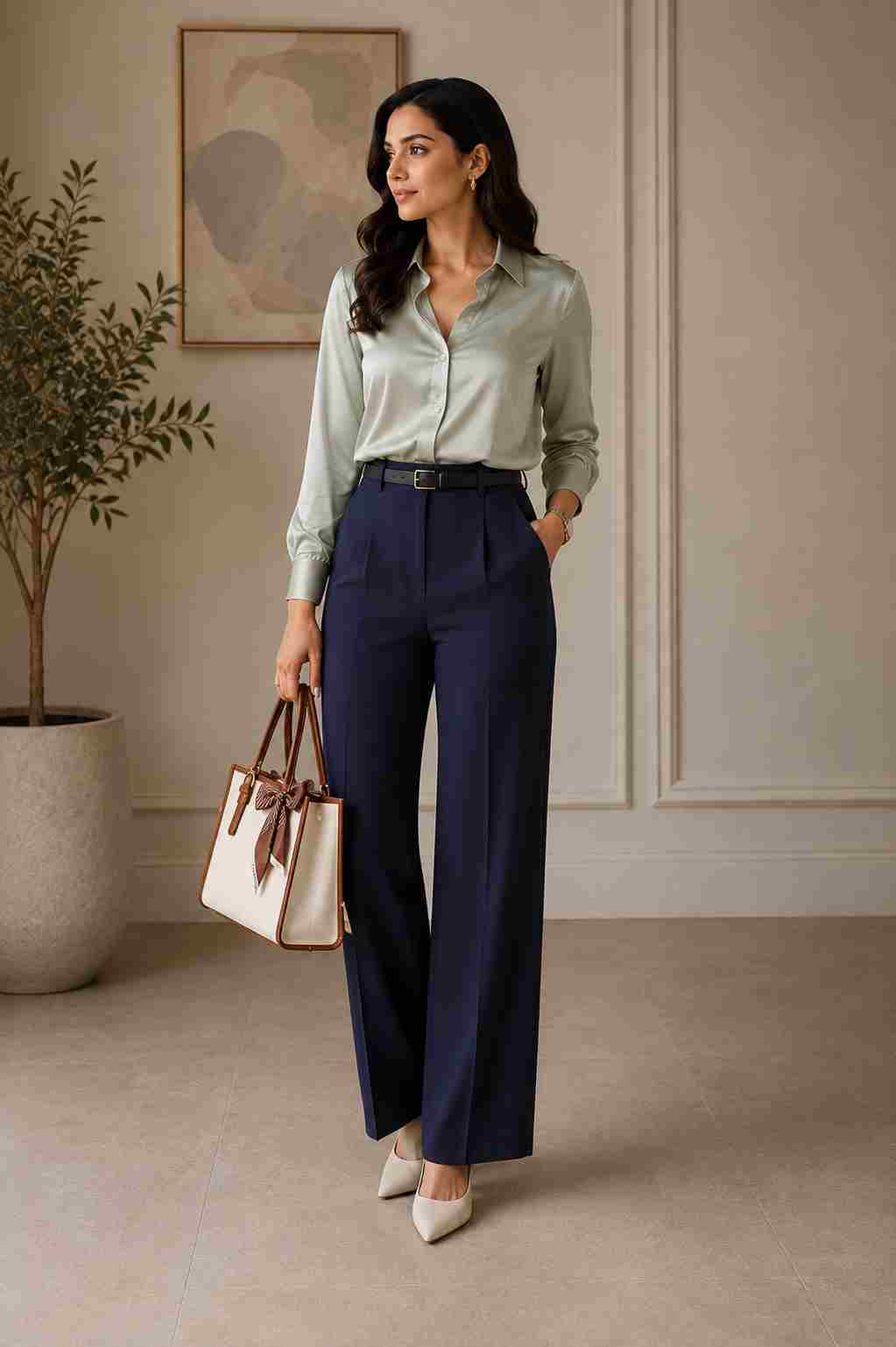 Sage Silk Blouse Look 1