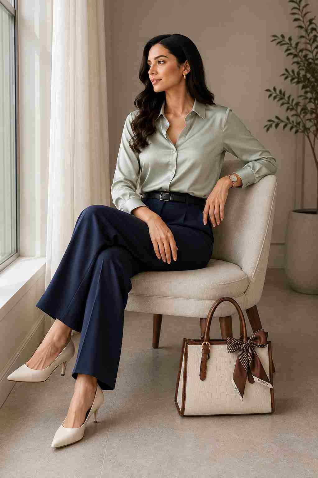 Sage Silk Blouse Look 2