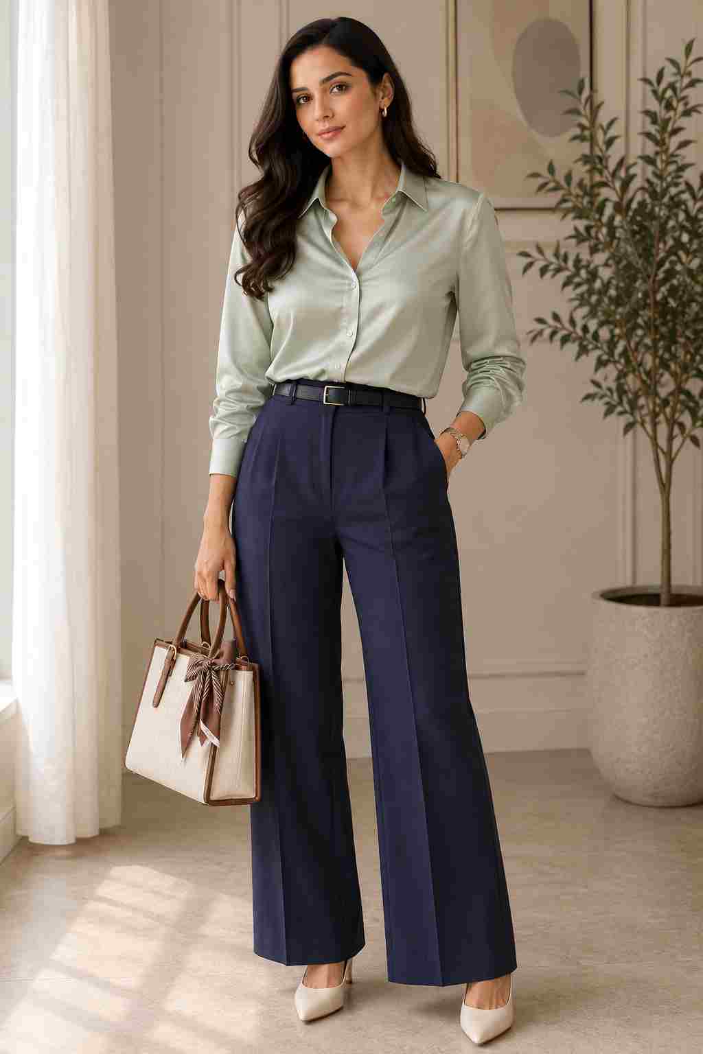 Sage Silk Blouse Look 3