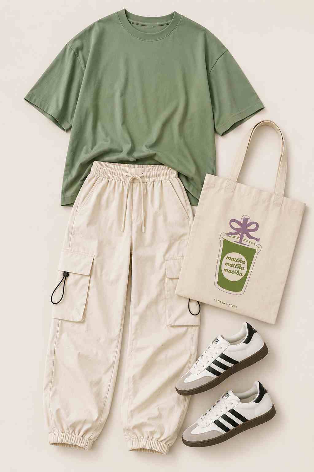 Flat lay of a Matcha Girl aesthetic outfit featuring a sage green oversized T-shirt, cream cargo pants, retro sneakers, and a cute matcha canvas tote on a neutral background.