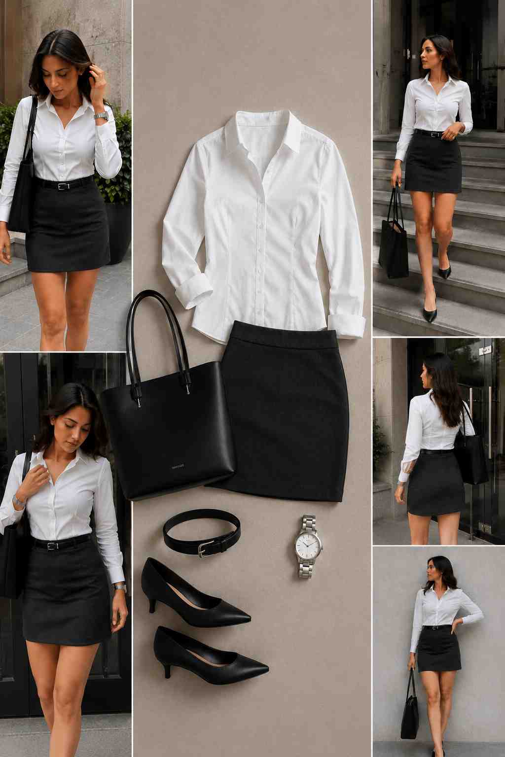 Professional Office Siren outfit featuring a white fitted shirt, charcoal mini skirt, black kitten heels, leather tote bag, silver watch, and black belt with model styling inspiration.