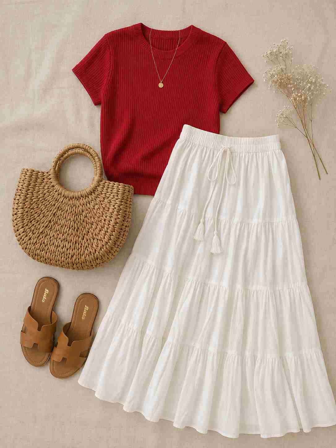 Woman wearing a tomato red ribbed knit top with a white tiered maxi skirt, tan slide sandals, and a woven straw handbag in a Mediterranean-inspired summer outfit.