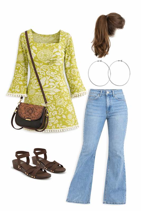 Cute Casual Spring Outfit: Green Floral Crop Top and Blue Flare Denim Jeans