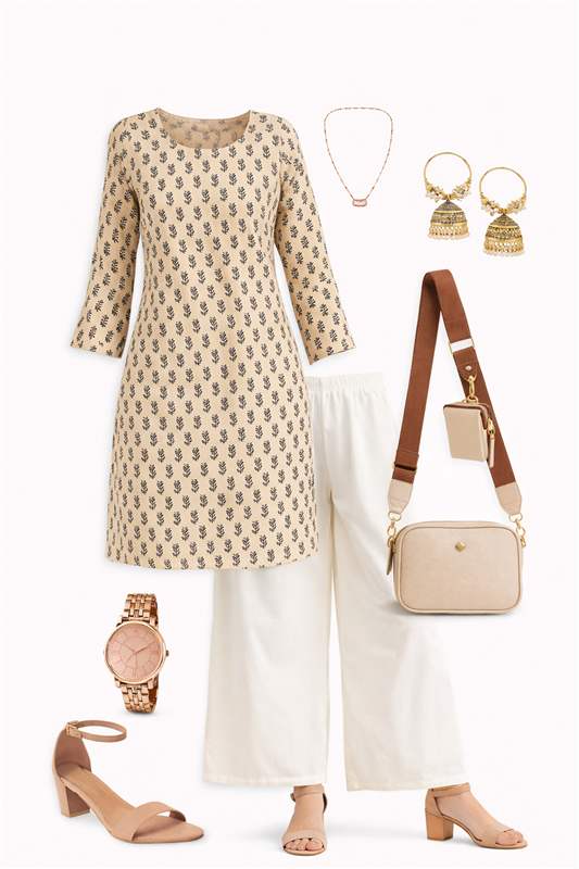 Elegant Indian Ethnic Outfit: Beige Embroidered Kurti with matching Palazzo Set