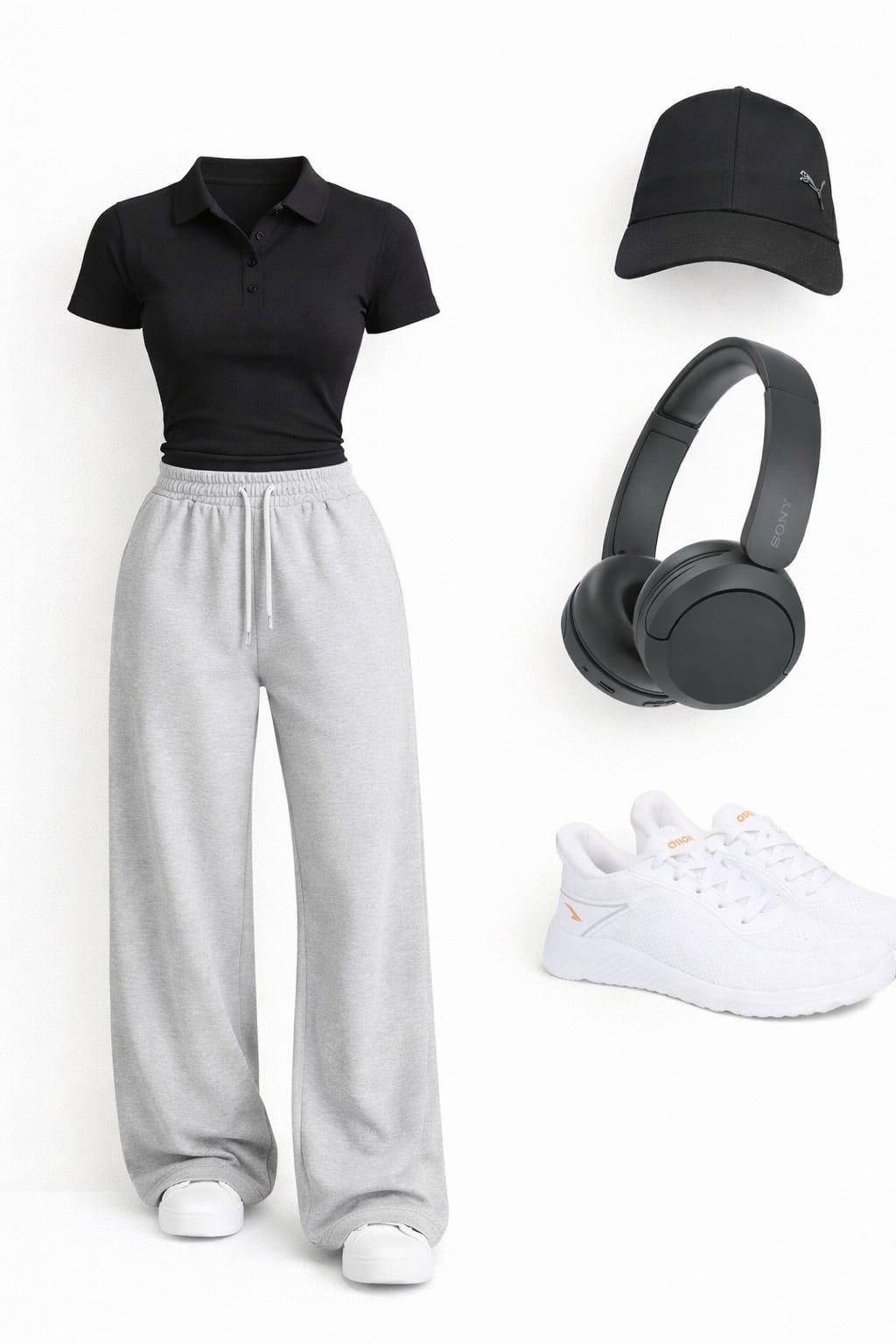 Minimal Athleisure Lifestyle Outfit: Black Polo Shirt and Grey Joggers