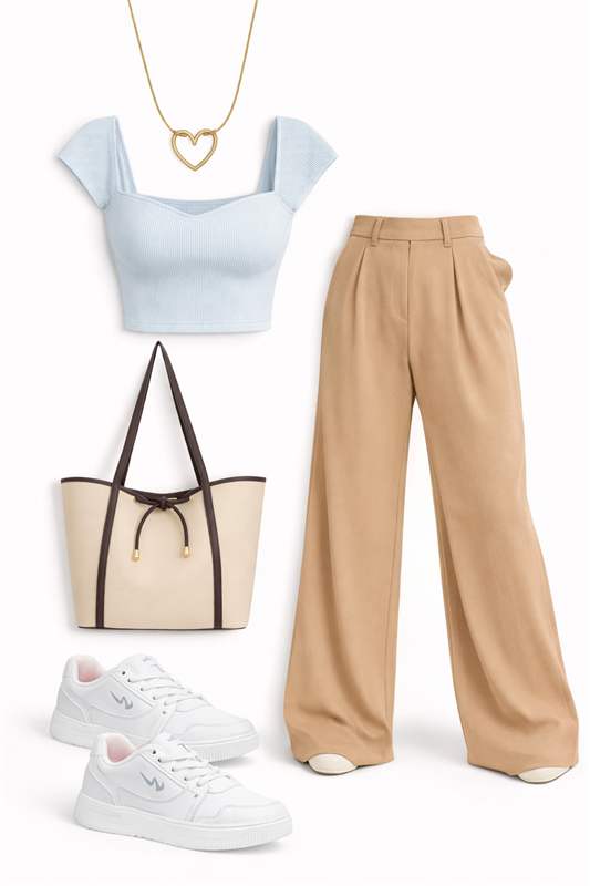 Minimal Chic Women's Outfit: Blue Crop Top paired with Beige Wide Leg Trousers