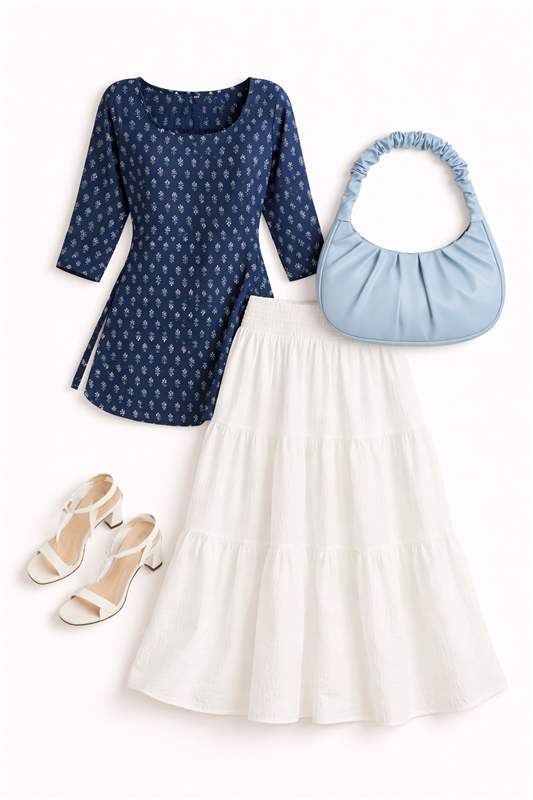 Summer Outfit Inspiration: Blue Sleeveless Top and White Mini Skirt for a breezy look