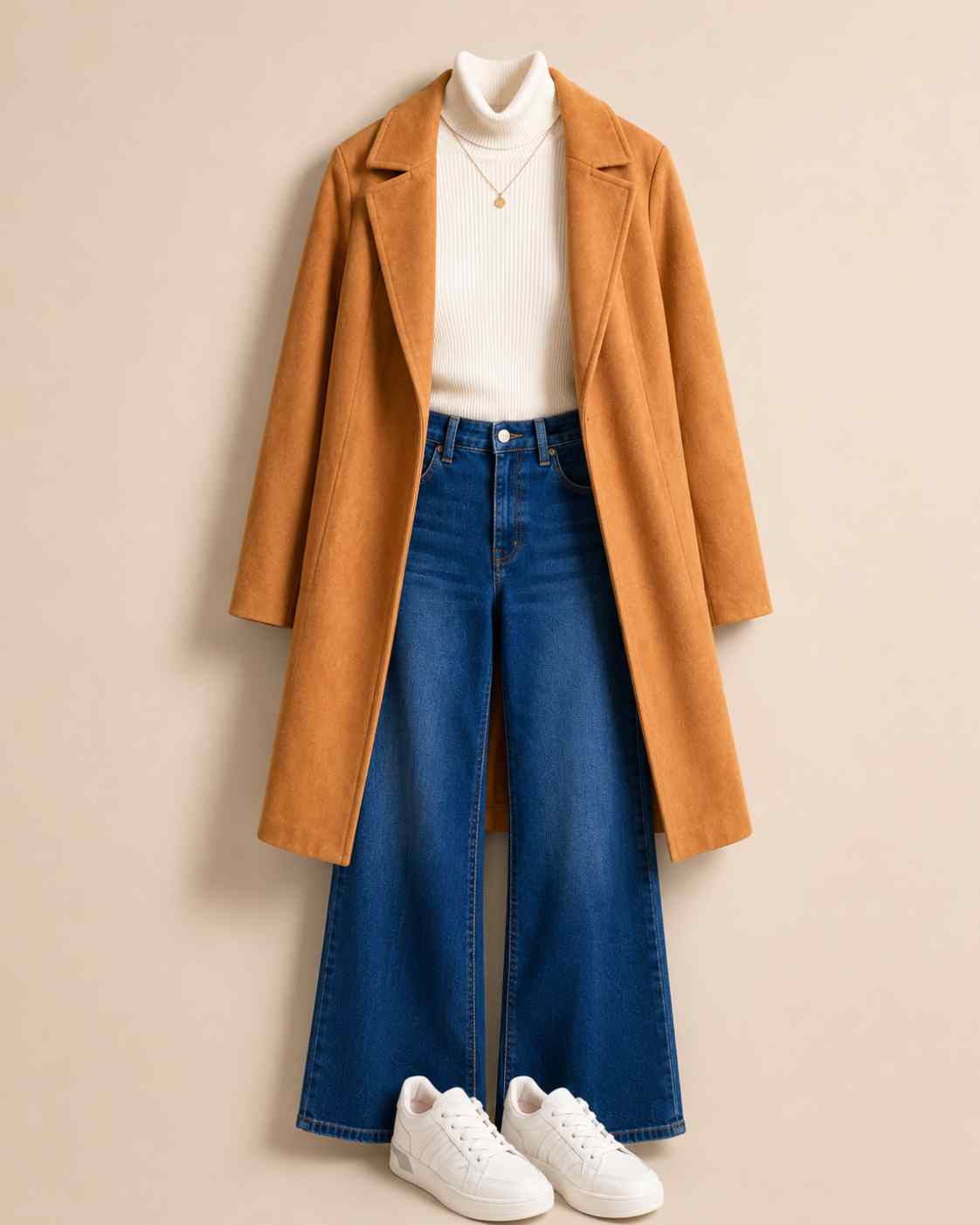 Outfit-only flat lay featuring a camel long coat layered over a white ribbed turtleneck, blue wide-leg jeans, white sneakers, and a small gold pendant necklace on a clean beige background.
