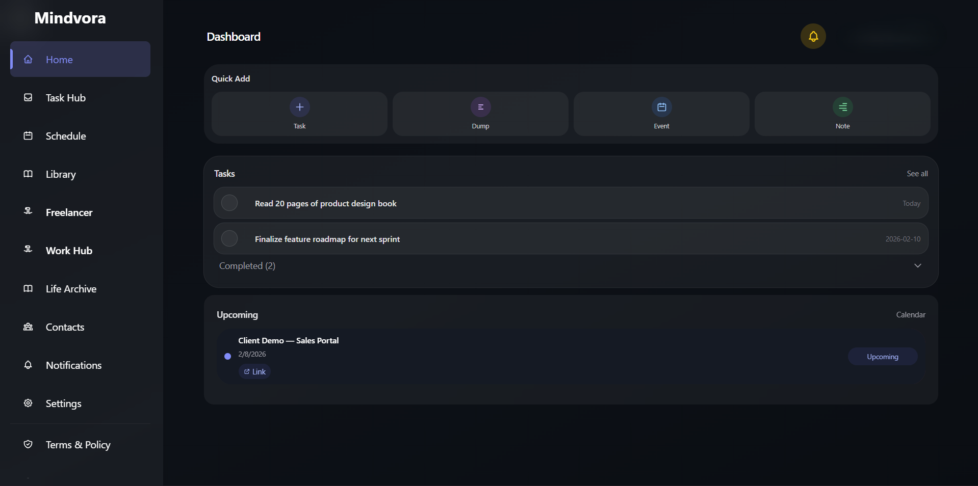 Mindvora personal productivity dashboard