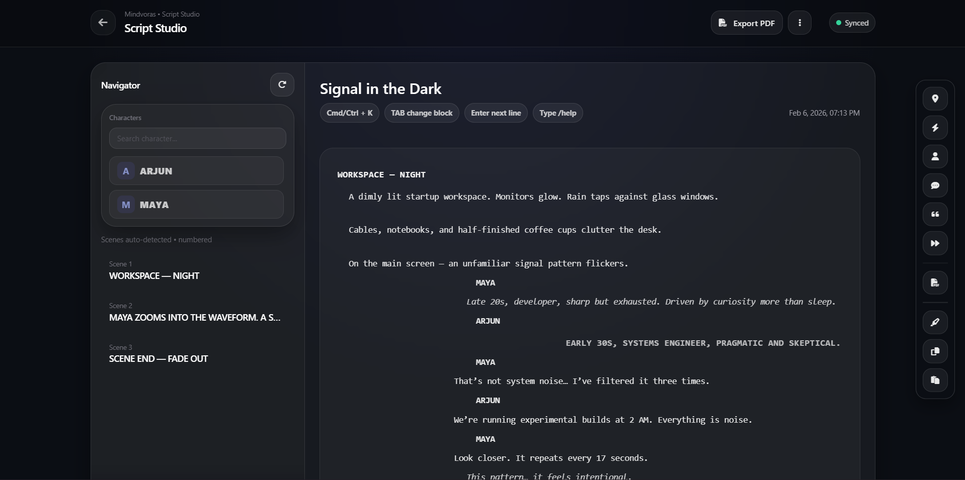 Mindvora script writing editor interface